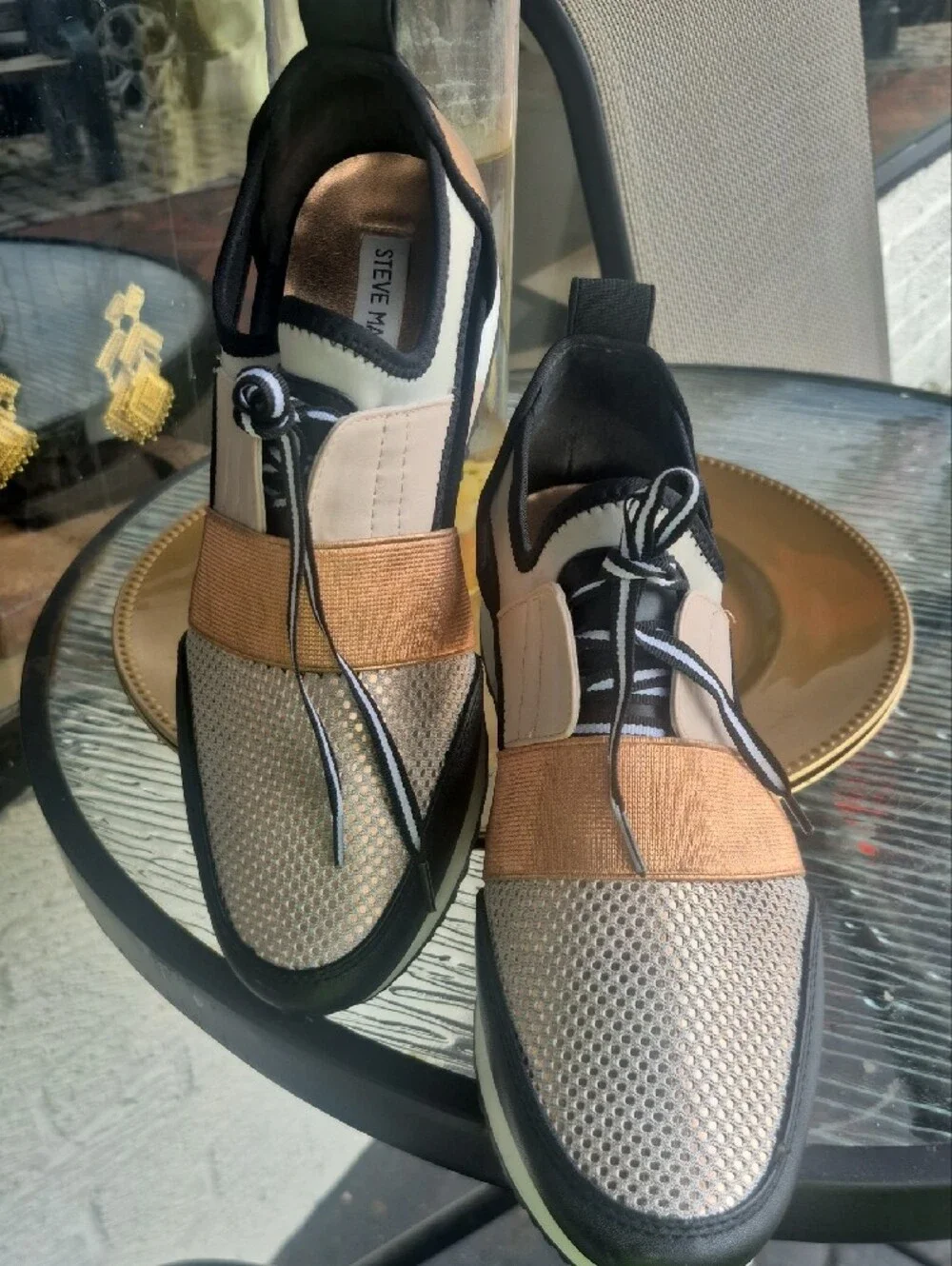 Steve Madden Women's Metallic Gold, Black & Cream Slip-On Sneakers
